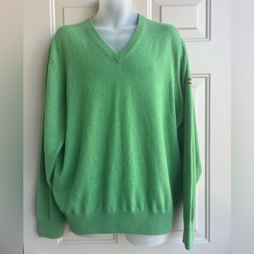 Peter Millar 100% Cashmere V-Neck Sweater Size XL Green Golf Redstone Logo